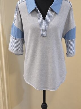 Very J Light Gray Tunic with Blue Collar & Striped Trim